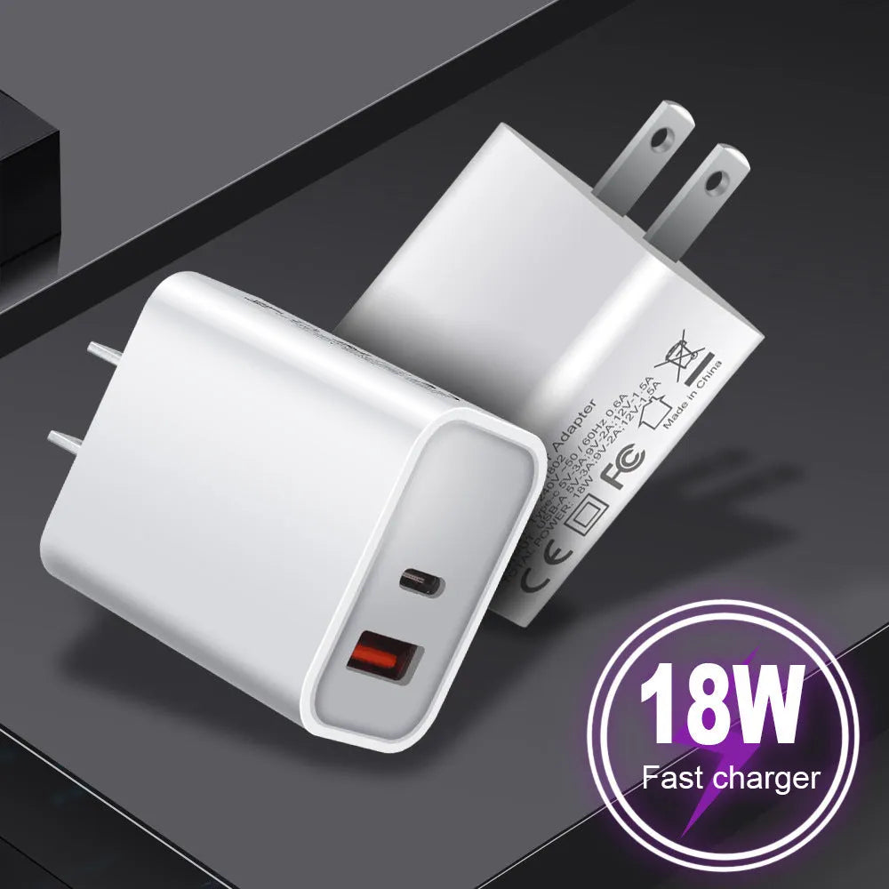 White 18W PD fast charger with dual USB-C ports for iPhone 12 with EU UK US plug options