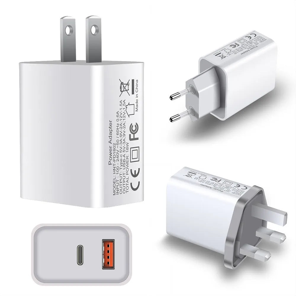 White 18W PD fast charger with dual USB-C ports for iPhone 12 with EU UK US plug options