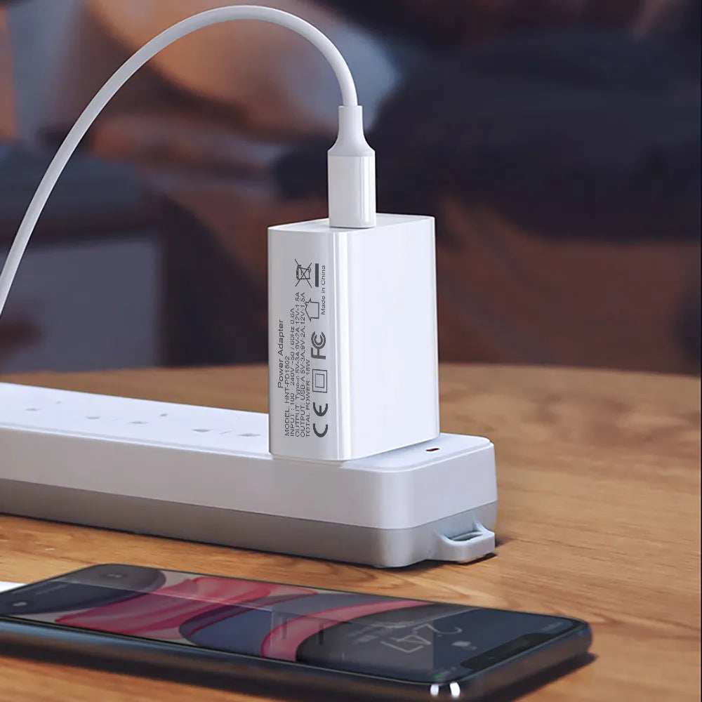 White 18W PD fast charger with dual USB-C ports for iPhone 12 with EU UK US plug options