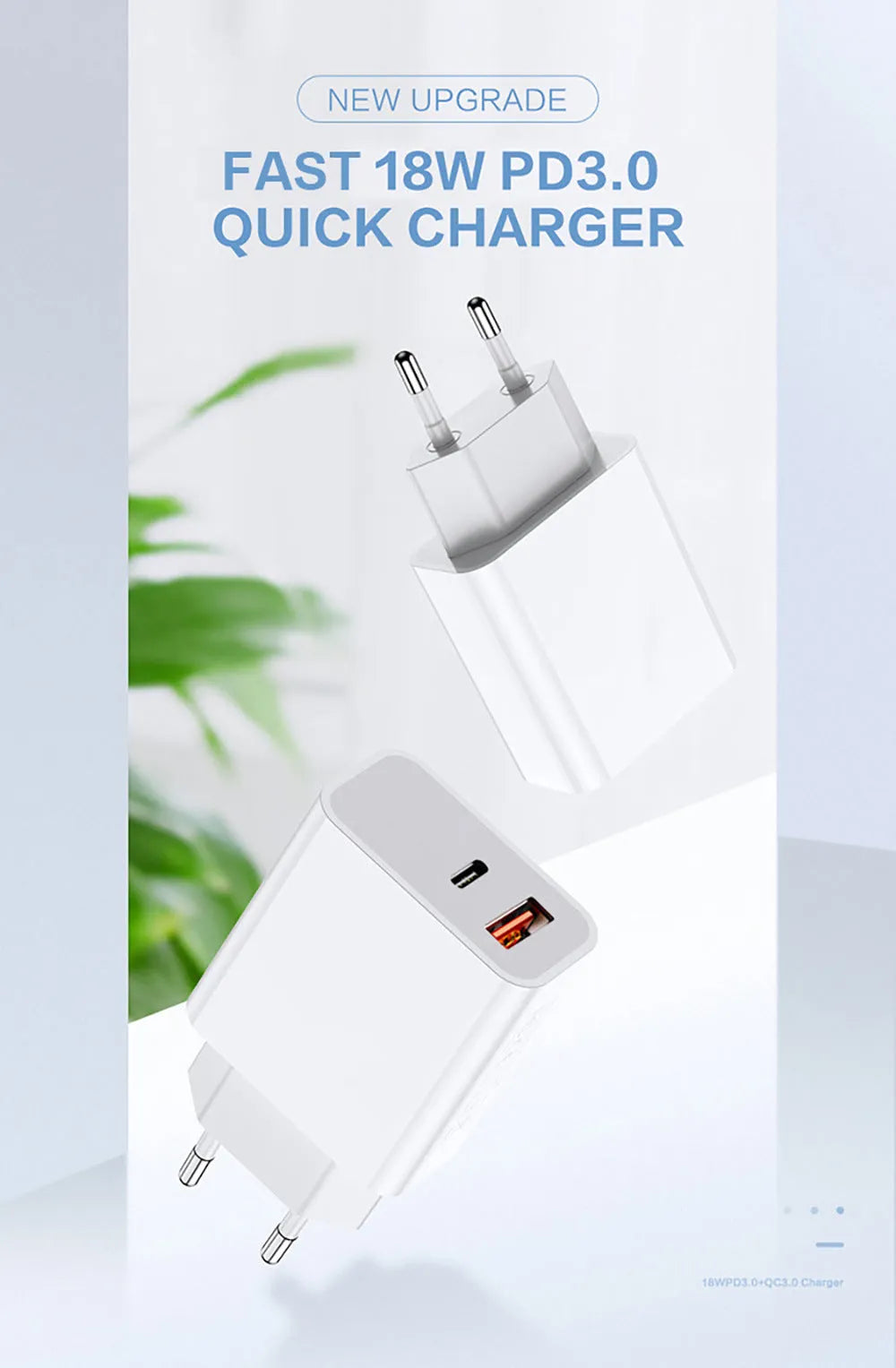 White 18W PD fast charger with dual USB-C ports for iPhone 12 with EU UK US plug options