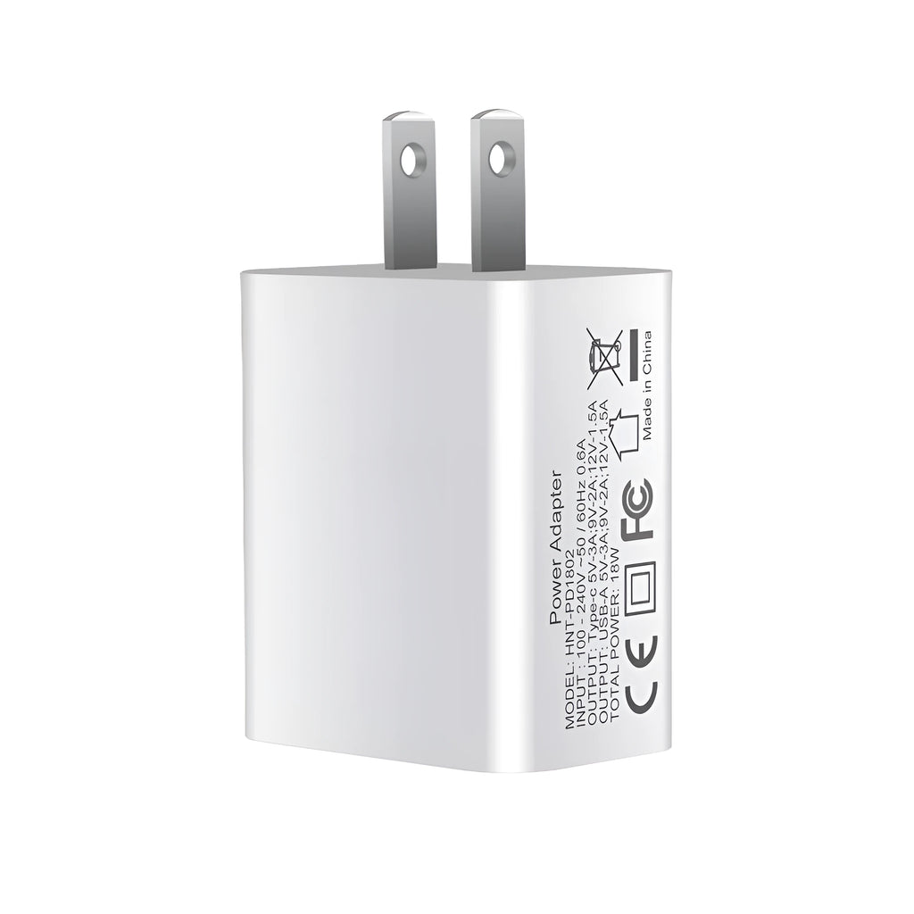 White 18W PD fast charger with dual USB-C ports for iPhone 12 with EU UK US plug options