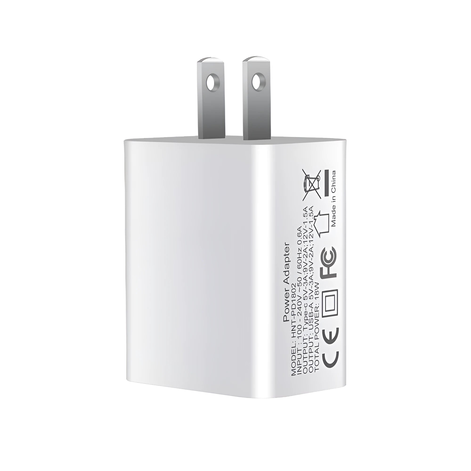 White 18W PD fast charger with dual USB-C ports for iPhone 12 with EU UK US plug options