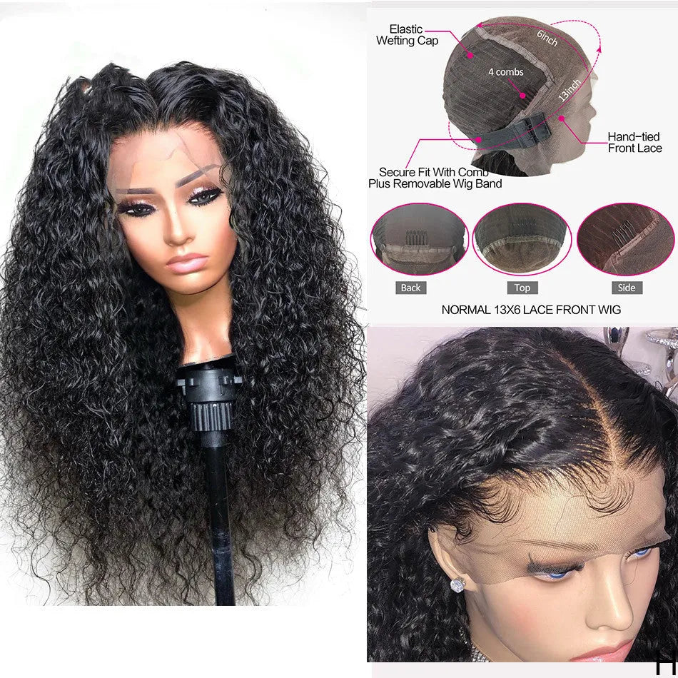 Black front lace small wave curly wig with half hand woven construction in 16 to 26 inch lengths