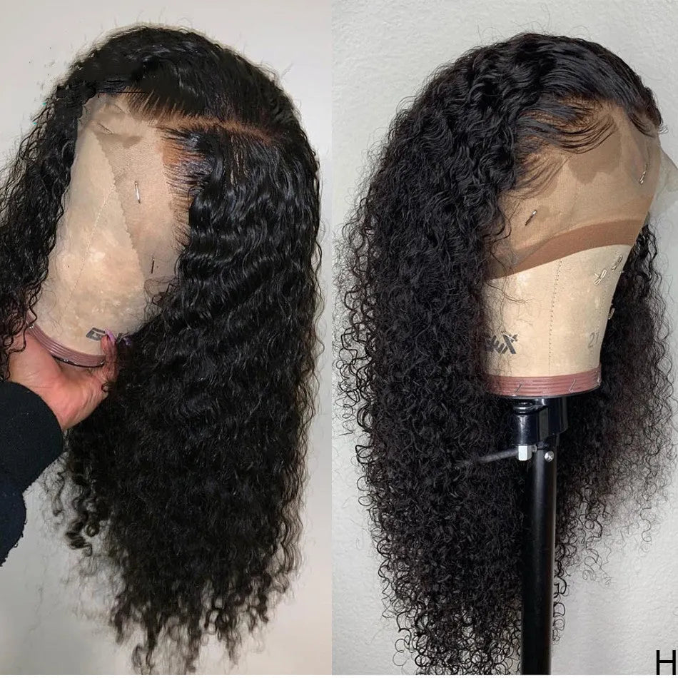 Black front lace small wave curly wig with half hand woven construction in 16 to 26 inch lengths