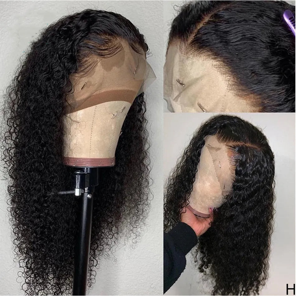 Black front lace small wave curly wig with half hand woven construction in 16 to 26 inch lengths