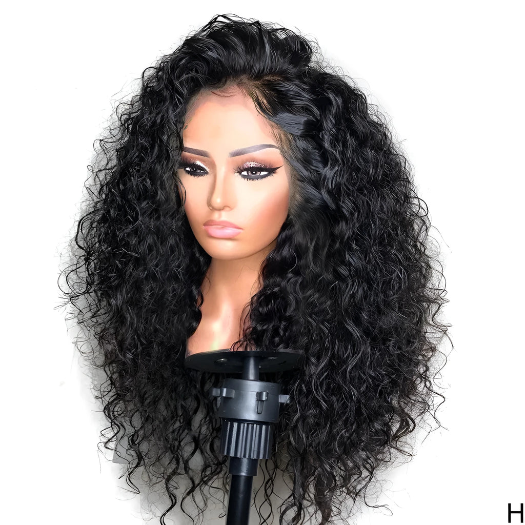 Black front lace small wave curly wig with half hand woven construction in 16 to 26 inch lengths