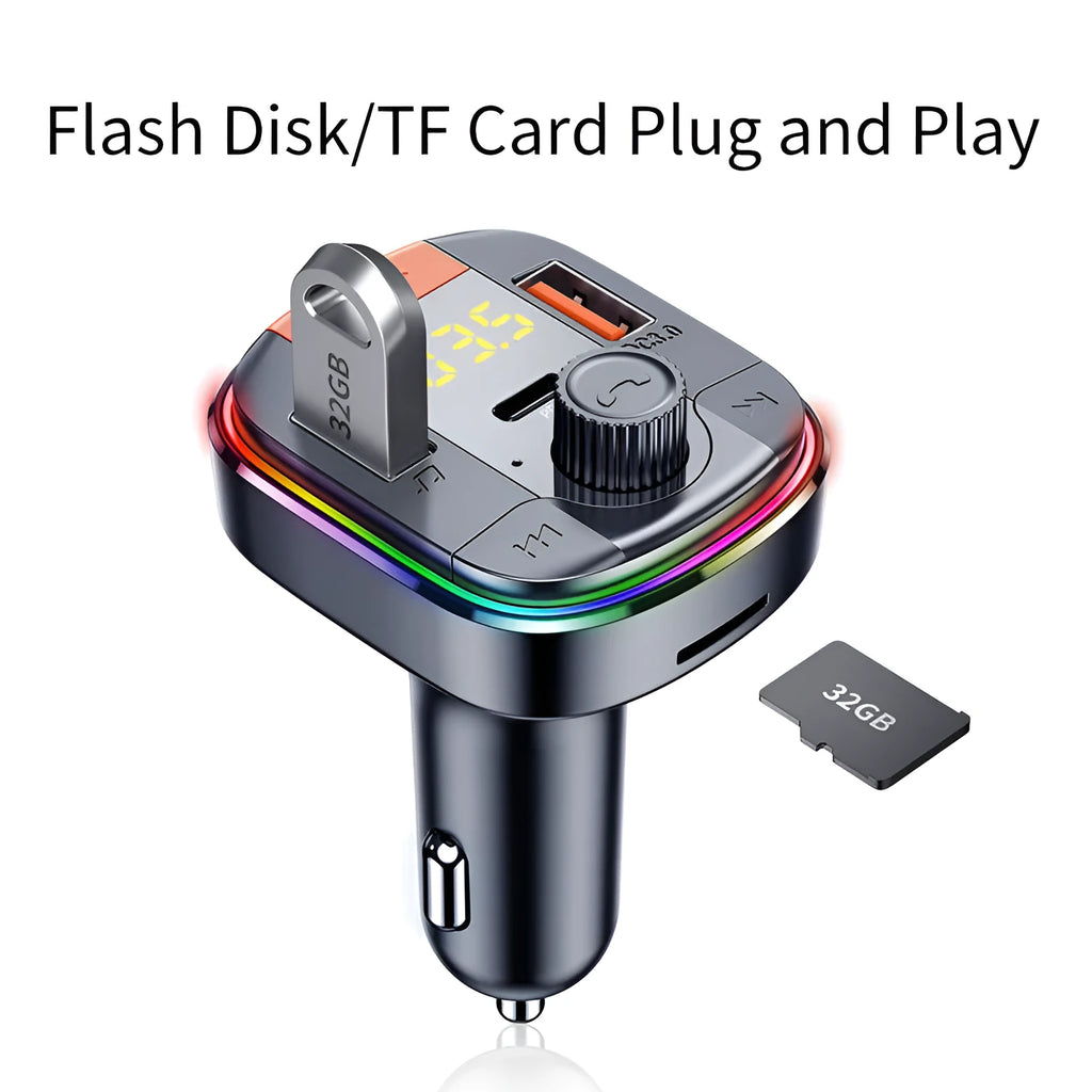 Black car MP3 player with Bluetooth and fast charger plugged into a car cigarette lighter socket.