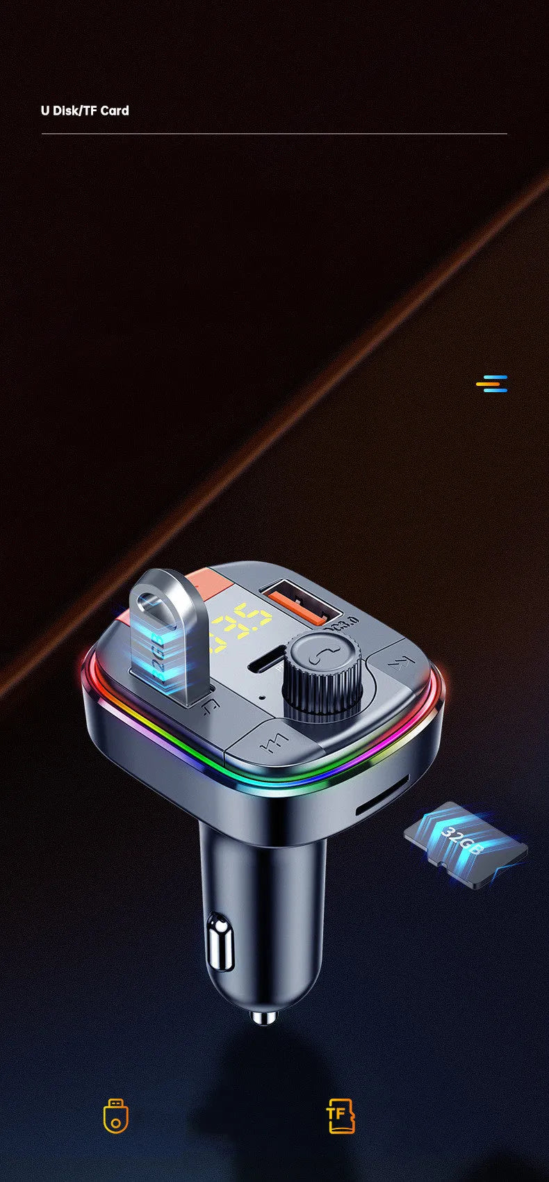 Black car MP3 player with Bluetooth and fast charger plugged into a car cigarette lighter socket.