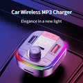 Black car MP3 player with Bluetooth and fast charger plugged into a car cigarette lighter socket.