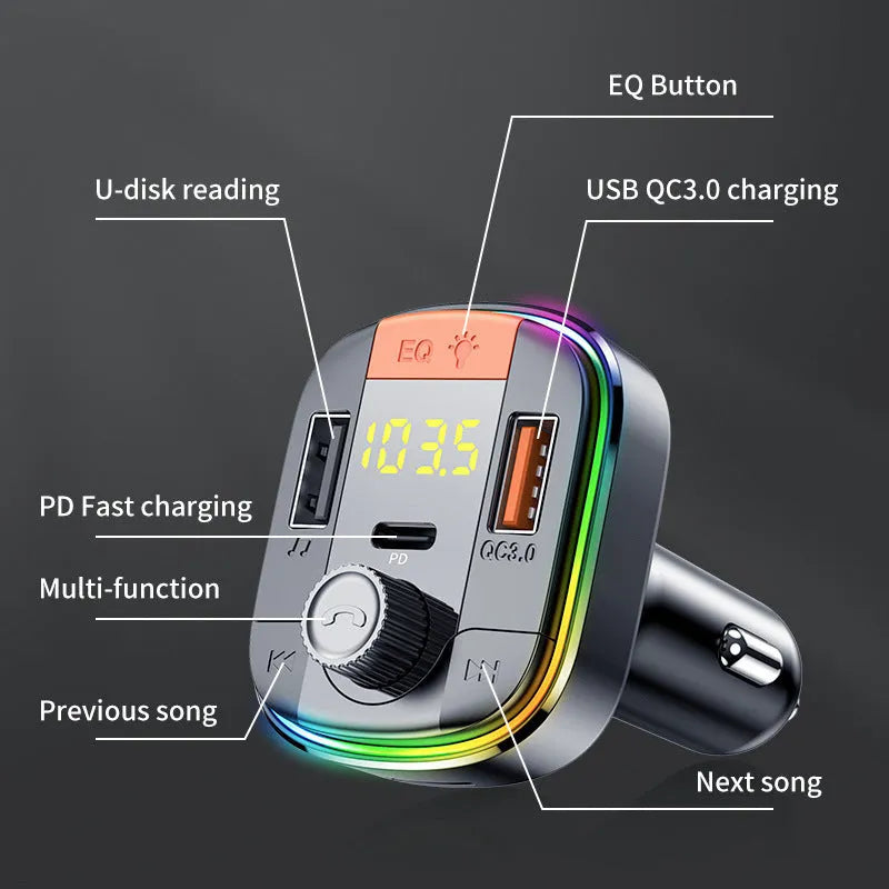 Black car MP3 player with Bluetooth and fast charger plugged into a car cigarette lighter socket.