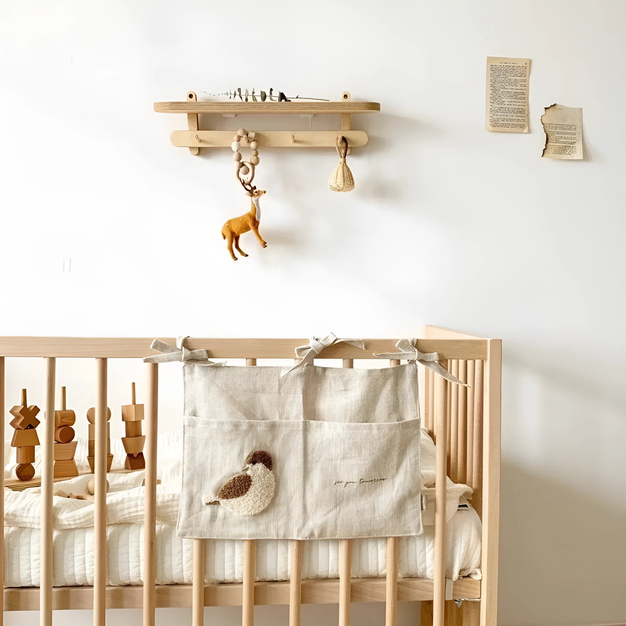 Khaki coloured cotton linen hanging storage bag with one pocket for bedside organisation