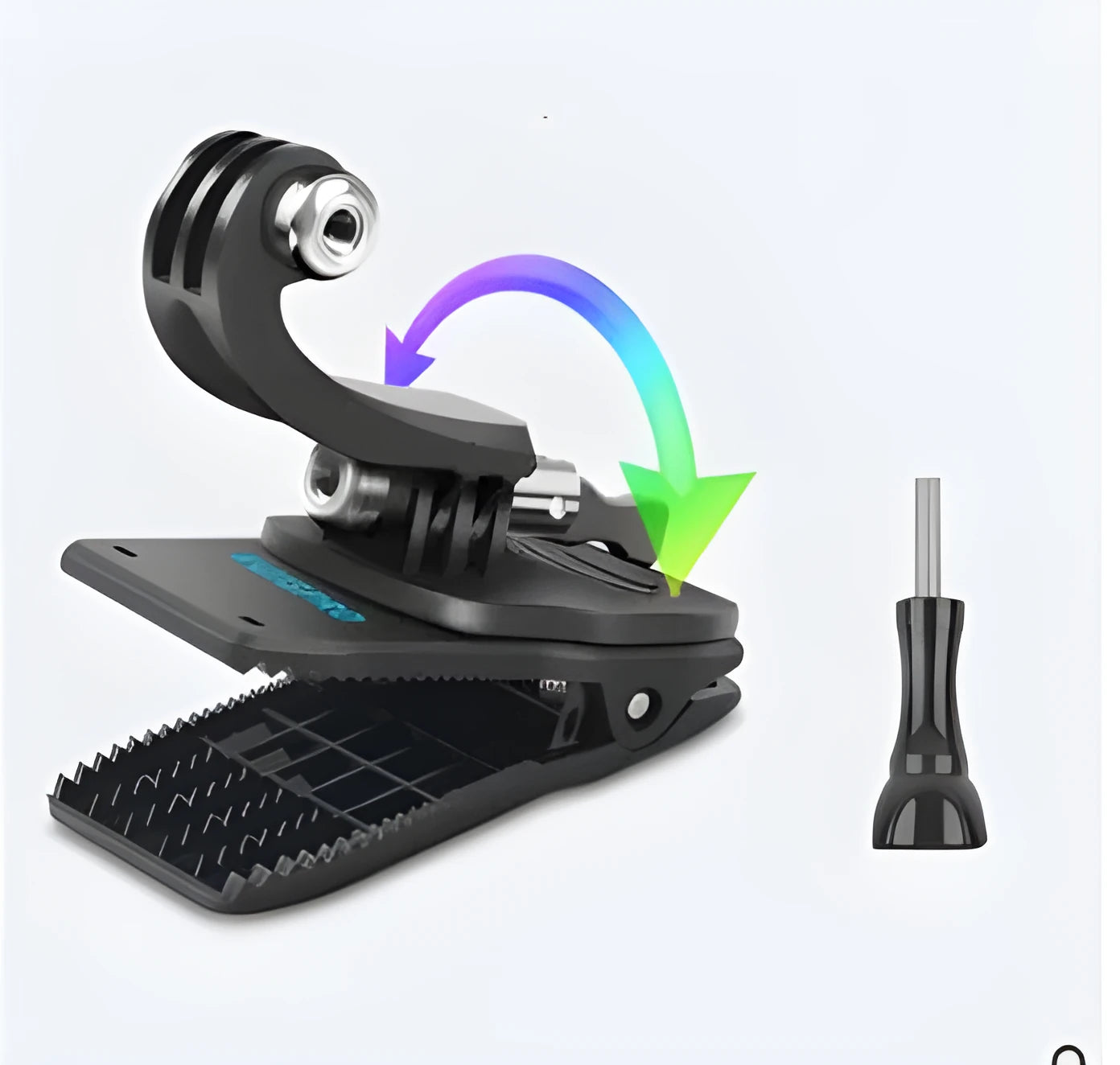 Silver and black 360-degree rotating backpack clip mount for GoPro and action cameras.
