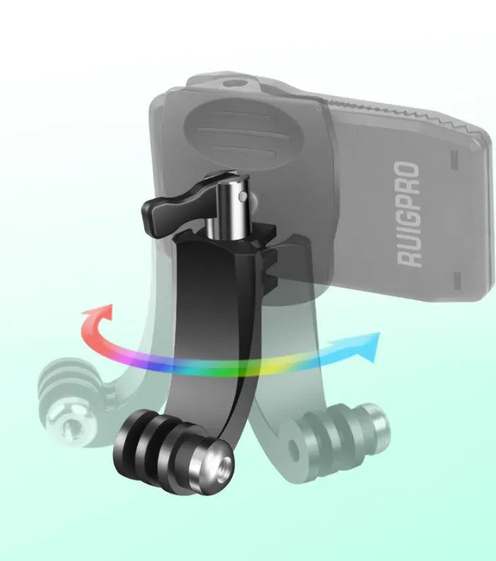 Silver and black 360-degree rotating backpack clip mount for GoPro and action cameras.