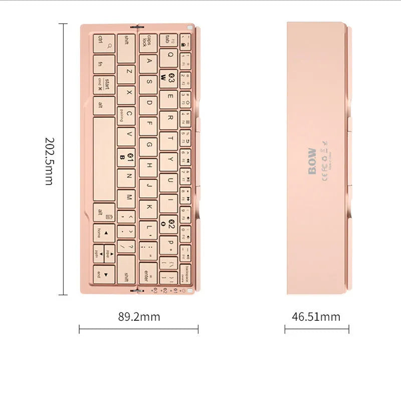 Aluminium folding Bluetooth keyboard with stand holding a smartphone
