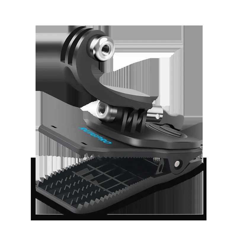 Silver and black 360-degree rotating backpack clip mount for GoPro and action cameras.