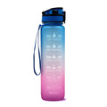 Blue and red gradient 1 litre Tritan sports water bottle with time markers and flip-top lid