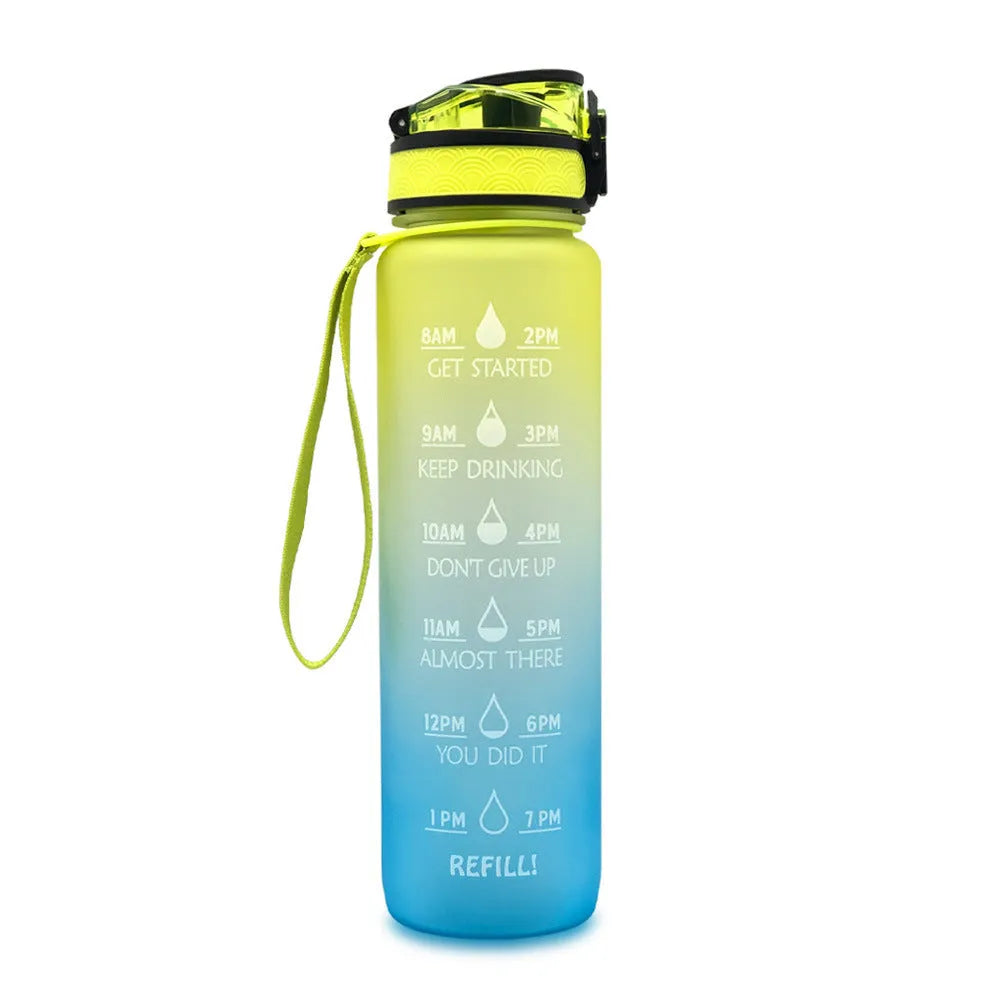 Blue and red gradient 1 litre Tritan sports water bottle with time markers and flip-top lid