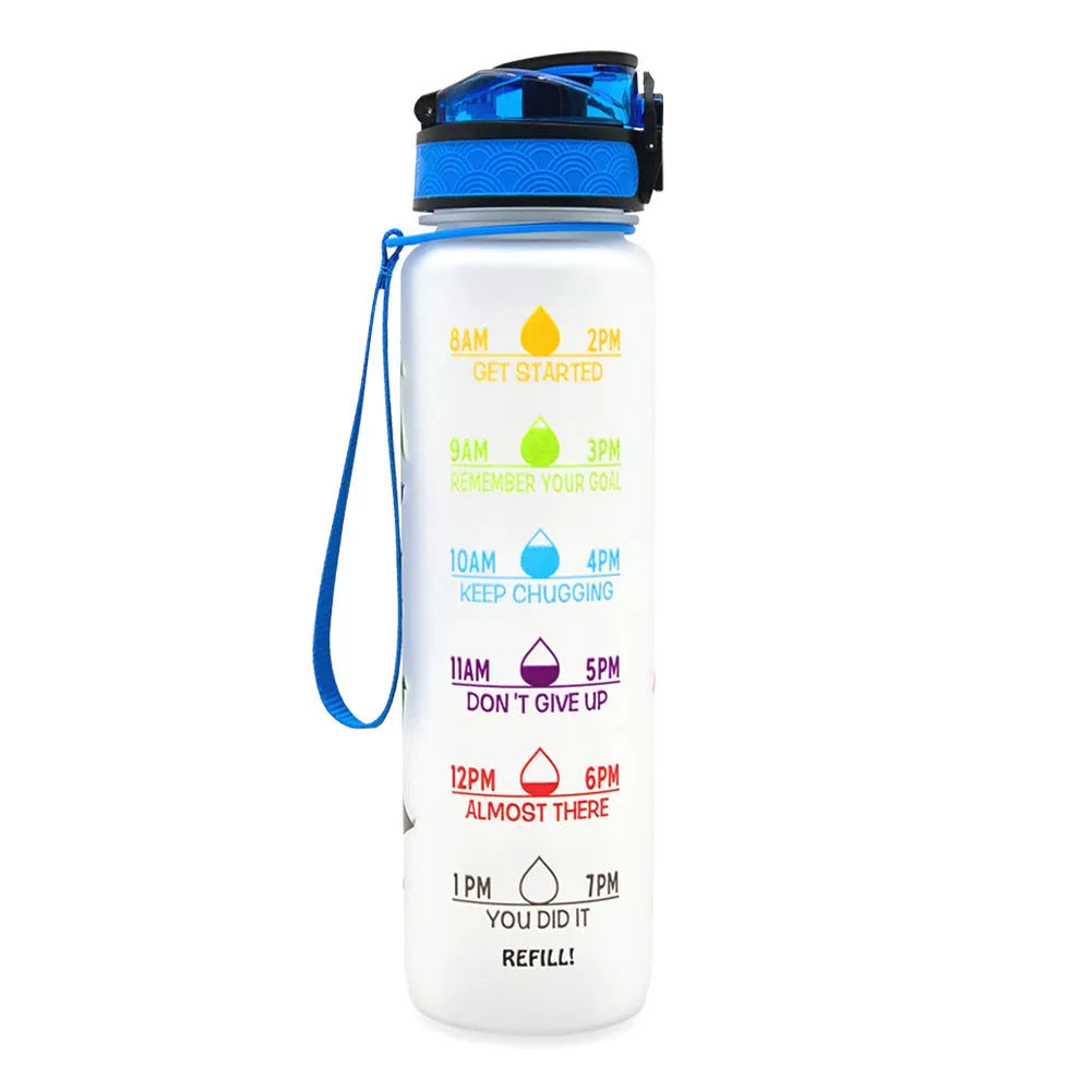 Blue and red gradient 1 litre Tritan sports water bottle with time markers and flip-top lid