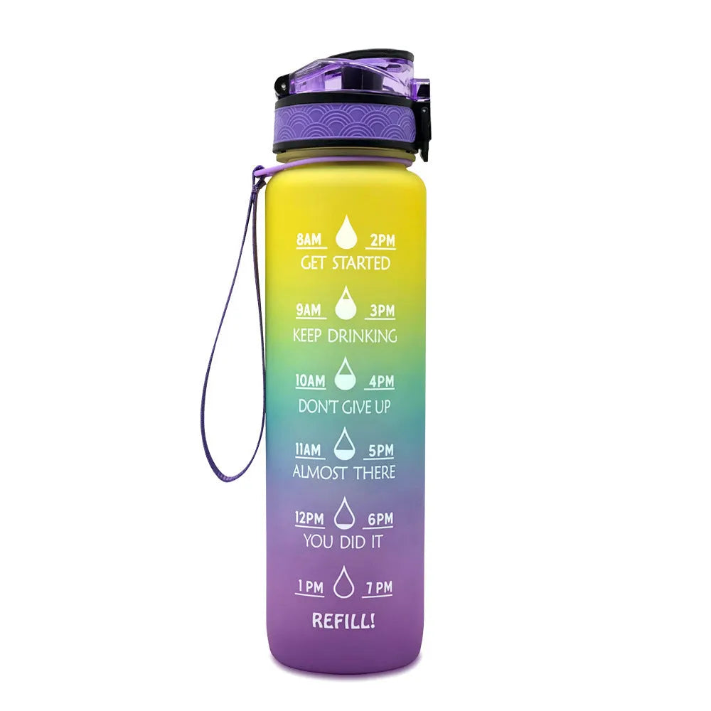 Blue and red gradient 1 litre Tritan sports water bottle with time markers and flip-top lid