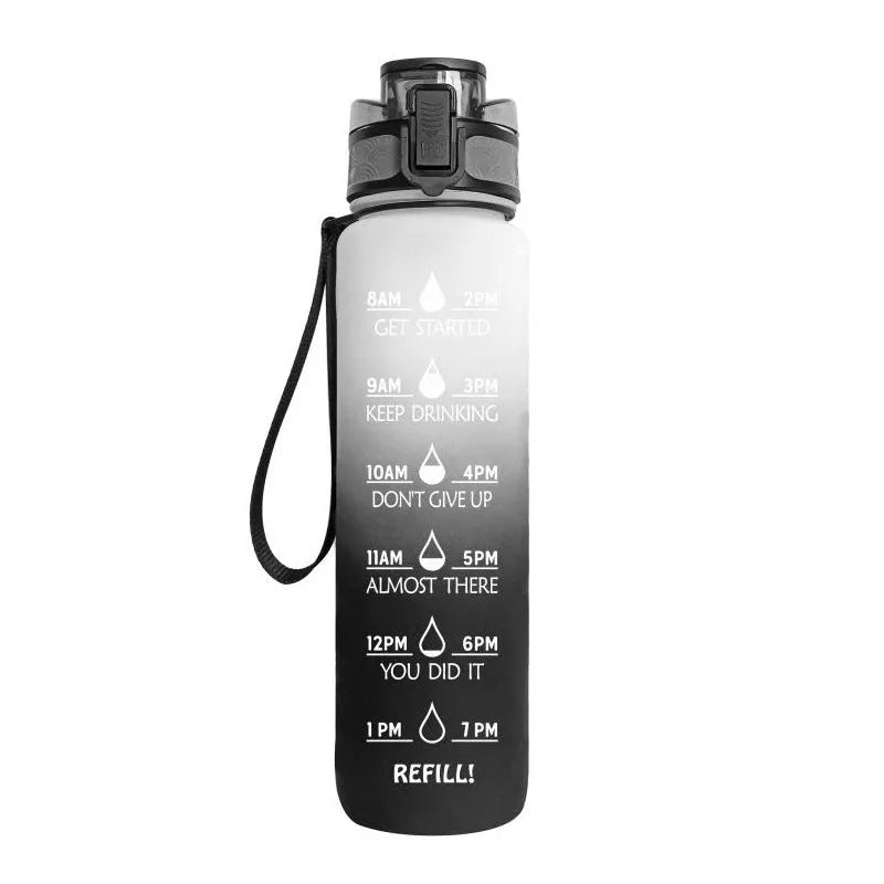 Blue and red gradient 1 litre Tritan sports water bottle with time markers and flip-top lid