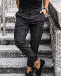 Men's loose thin mid-waist casual trousers in khaki plaid pattern with button placket and small feet trouser mouth