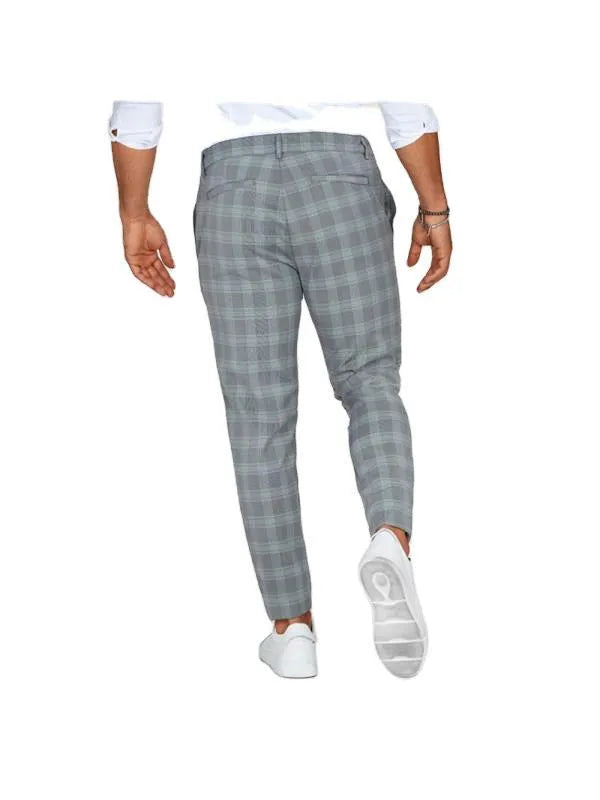Men's loose thin mid-waist casual trousers in khaki plaid pattern with button placket and small feet trouser mouth