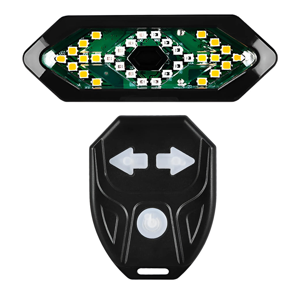 Smart remote control bike taillight with LED red and yellow light, 900mAh battery, waterproof design in black colour
