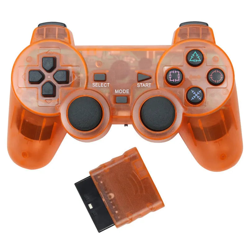 PS2 wireless game controller in seven colour options showing snowflake D-pad and button layout.