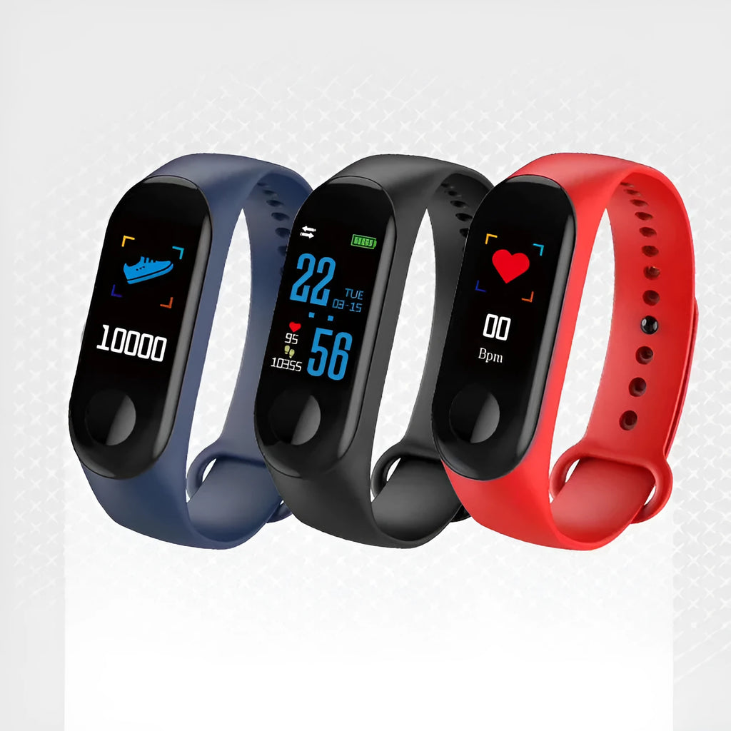 M3 smart bracelet with colour screen showing fitness stats on a wrist.