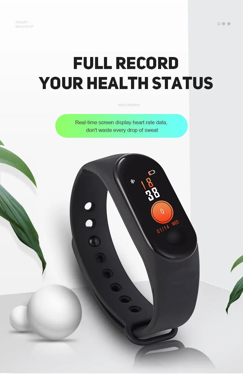 M3 smart bracelet with colour screen showing fitness stats on a wrist.