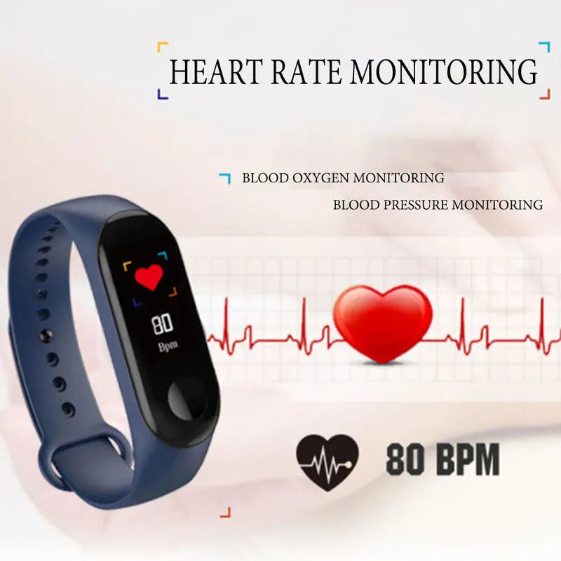 M3 smart bracelet with colour screen showing fitness stats on a wrist.