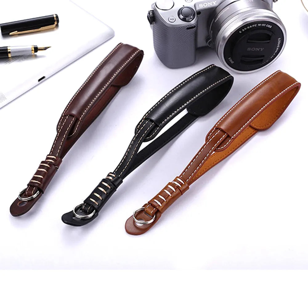 Black and brown camera wrist strap for digital SLR and mirrorless cameras