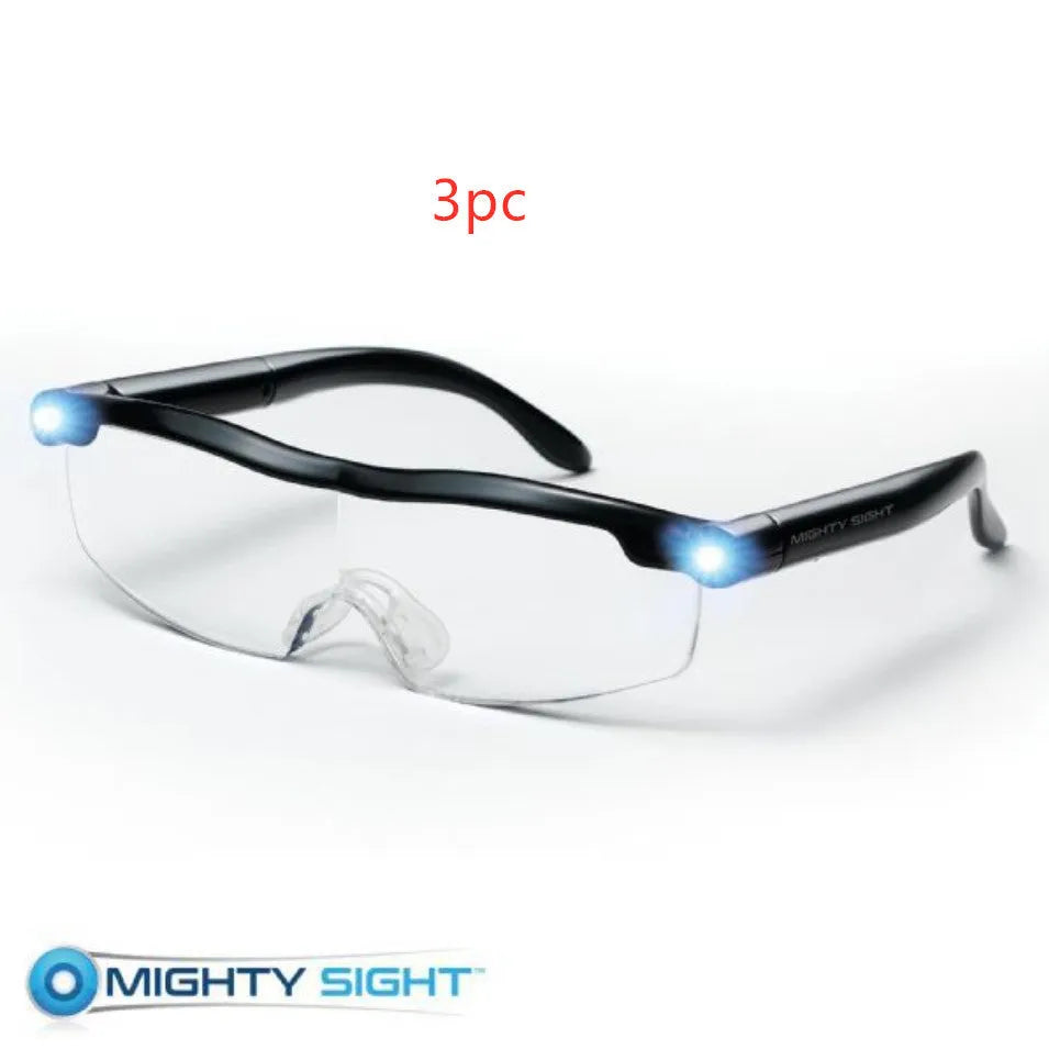 Transparent black USB LED reading glasses showing internal components with clear lenses