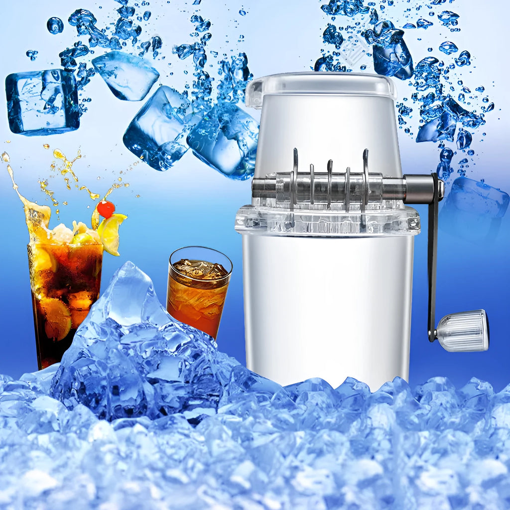 Manual ice crusher with transparent plastic body and stainless steel blade on a kitchen counter