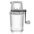 Manual ice crusher with transparent plastic body and stainless steel blade on a kitchen counter