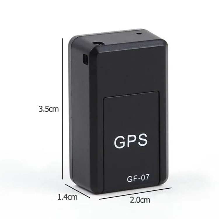 Small black magnetic GPS tracker device shown next to a USB charging cable.