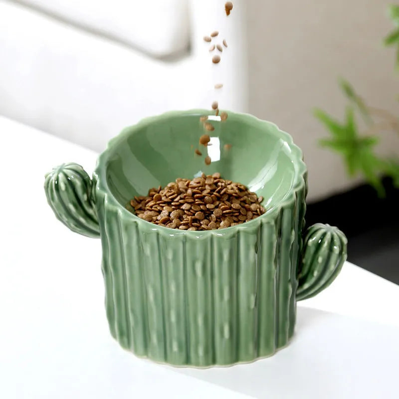 RandyPet ceramic high-leg cat and dog bowl with cactus design, available in green or white single and double branch