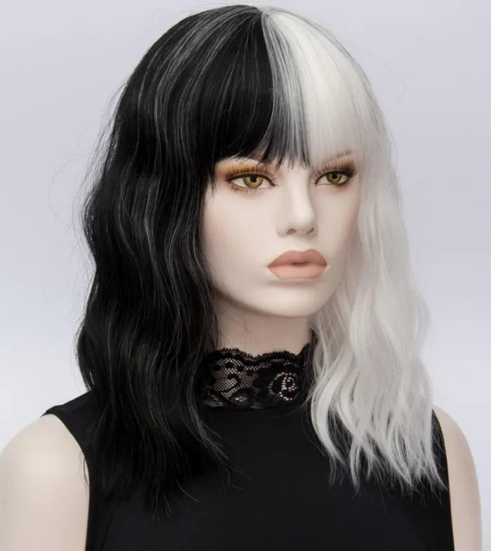 Short synthetic wig black and white stitching pattern with Qi bangs for women