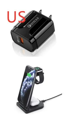 Black foldable 3-in-1 wireless charger for phone, watch and headphones showing compact size