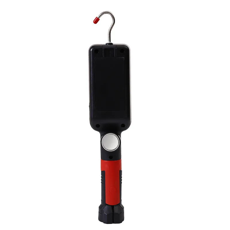 Red USB rechargeable COB flashlight with magnetic hook showing dimensions and LED panel