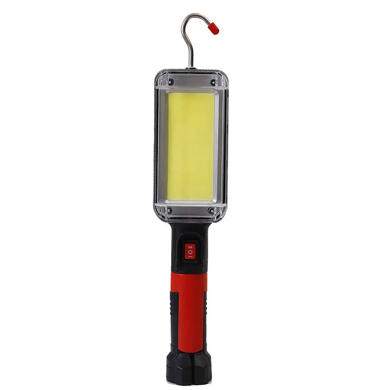 Red USB rechargeable COB flashlight with magnetic hook showing dimensions and LED panel