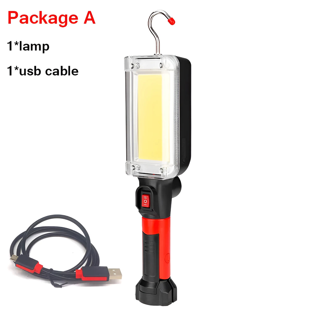 Red USB rechargeable COB flashlight with magnetic hook showing dimensions and LED panel