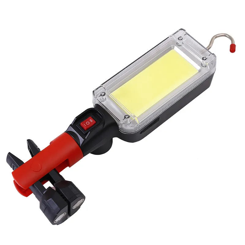 Red USB rechargeable COB flashlight with magnetic hook showing dimensions and LED panel