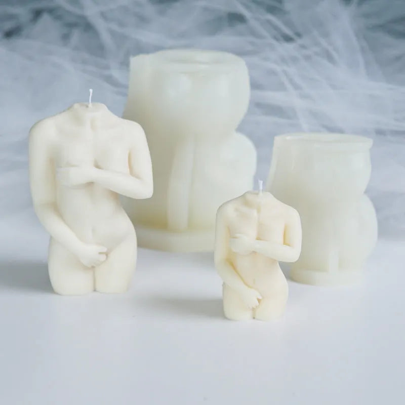 Silicone female body candle mould in three size variations for wax pouring