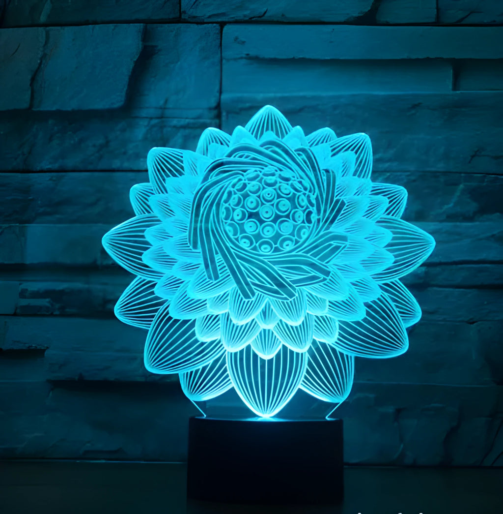 Touch-controlled LED lotus night light with acrylic shade showing seven colour modes