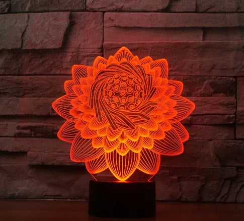 Touch-controlled LED lotus night light with acrylic shade showing seven colour modes