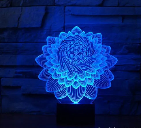 Touch-controlled LED lotus night light with acrylic shade showing seven colour modes