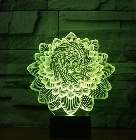 Touch-controlled LED lotus night light with acrylic shade showing seven colour modes