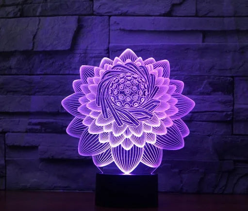 Touch-controlled LED lotus night light with acrylic shade showing seven colour modes