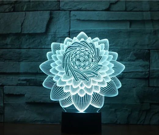 Touch-controlled LED lotus night light with acrylic shade showing seven colour modes